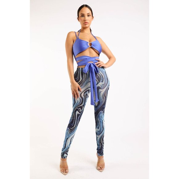 Pants - Women's Strappy Top and Print Mesh Leggings Set O Ring 2 Piece Outfits Clubwear